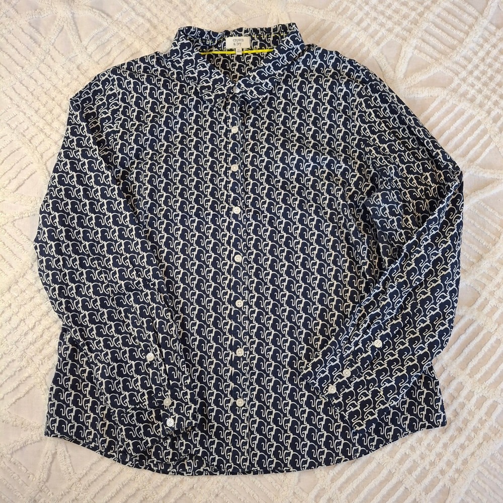 Crown & Ivy Womens XL Navy Blue White Elephant Print Cotton Button‎ Down Shirt